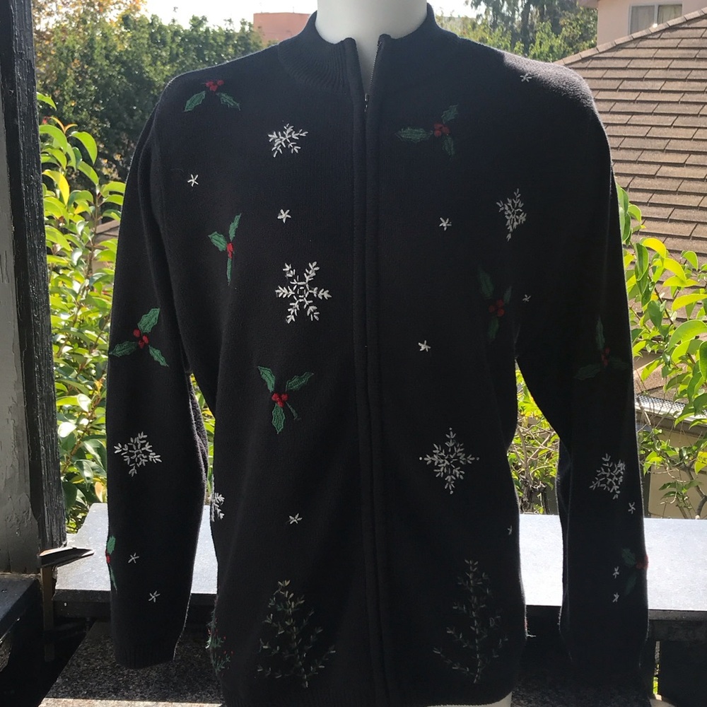 Charter Club Black Zip-Up Sweater with Festive Patterns